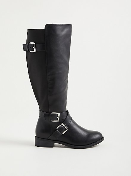 Plus Size Brooke Side Buckle Knee Boot - Faux Leather Black (WW), BLACK, hi-res