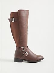 Plus Size Brown Faux Leather Side Buckle Knee Boot (WW), BROWN, hi-res