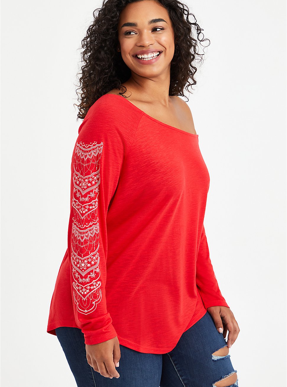 Plus Size Henna Off Shoulder Top - Red, TOMATO RED, hi-res