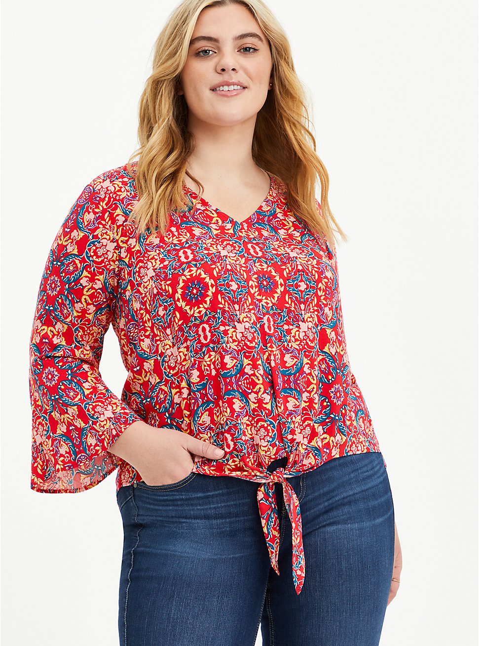 Red Medallion Textured Stretch Rayon Blouse, OTHER PRINTS, hi-res