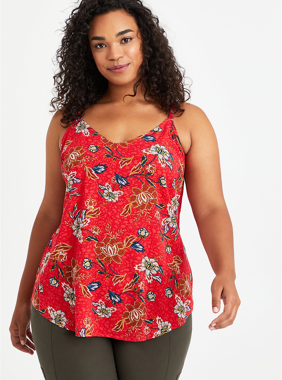 Ava - Textured Stretch Rayon Red Floral Cami, FLORAL - RED, hi-res