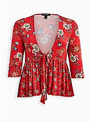 Plus Size Babydoll Jacket - Crepe Floral Red, FLORAL - RED, hi-res