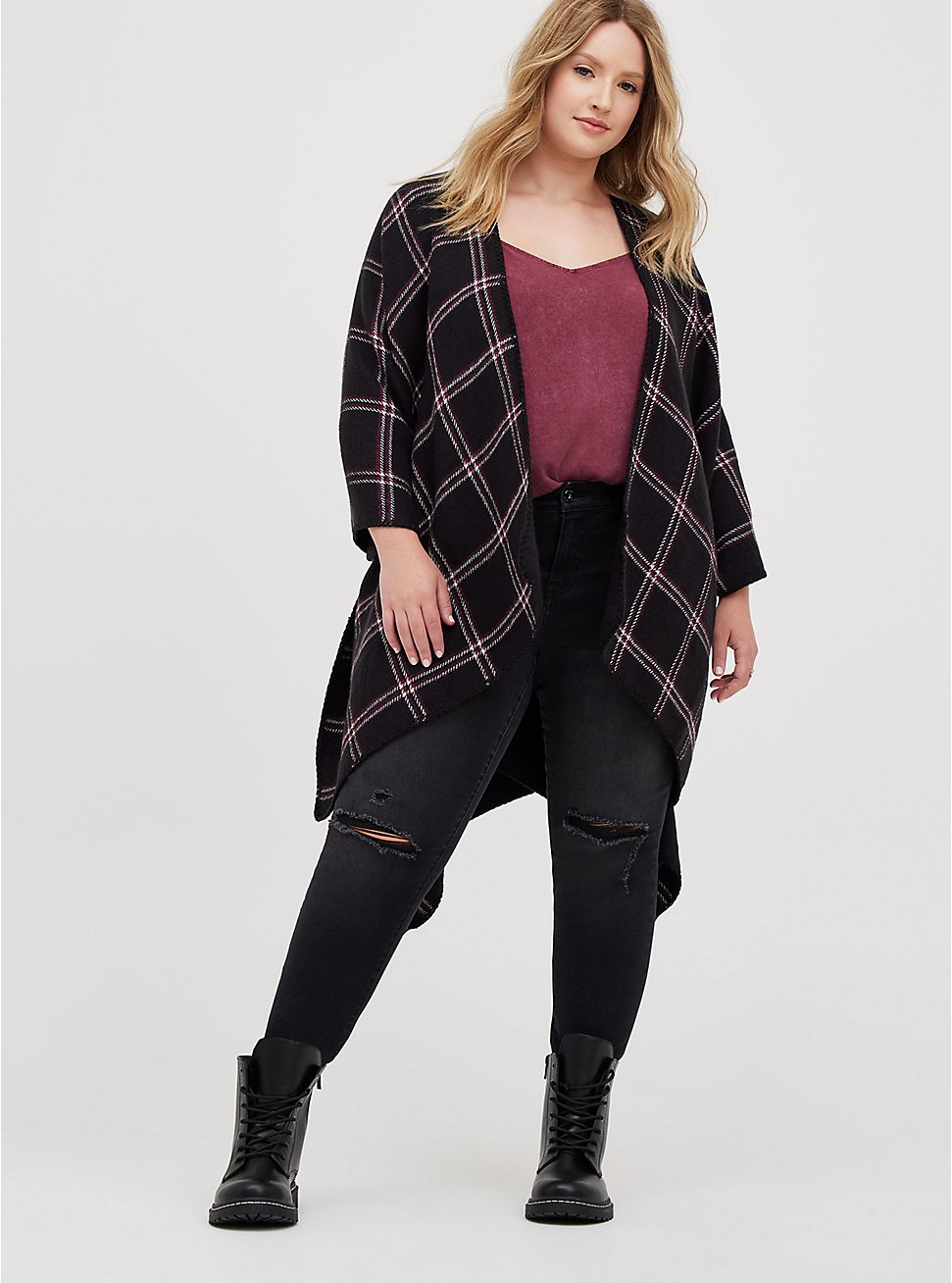 Plus Size Belted Ruana - Plaid Black & Red, , hi-res
