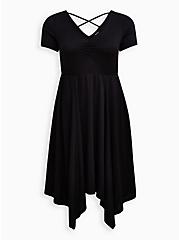 Plus Size Handkerchief Skater Midi Dress - Ribbed Black, DEEP BLACK, hi-res