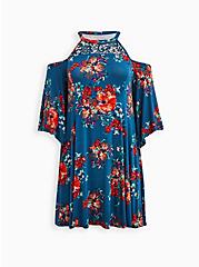 Cold Shoulder Fit & Flare Dress - Super Soft Floral Blue, FLORAL - BLUE, hi-res