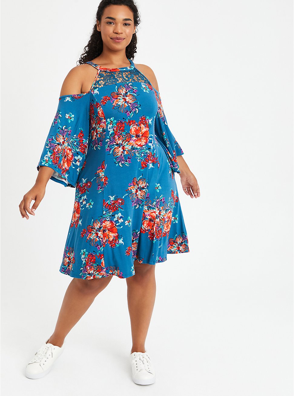 Cold Shoulder Fit & Flare Dress - Super Soft Floral Blue, FLORAL - BLUE, hi-res