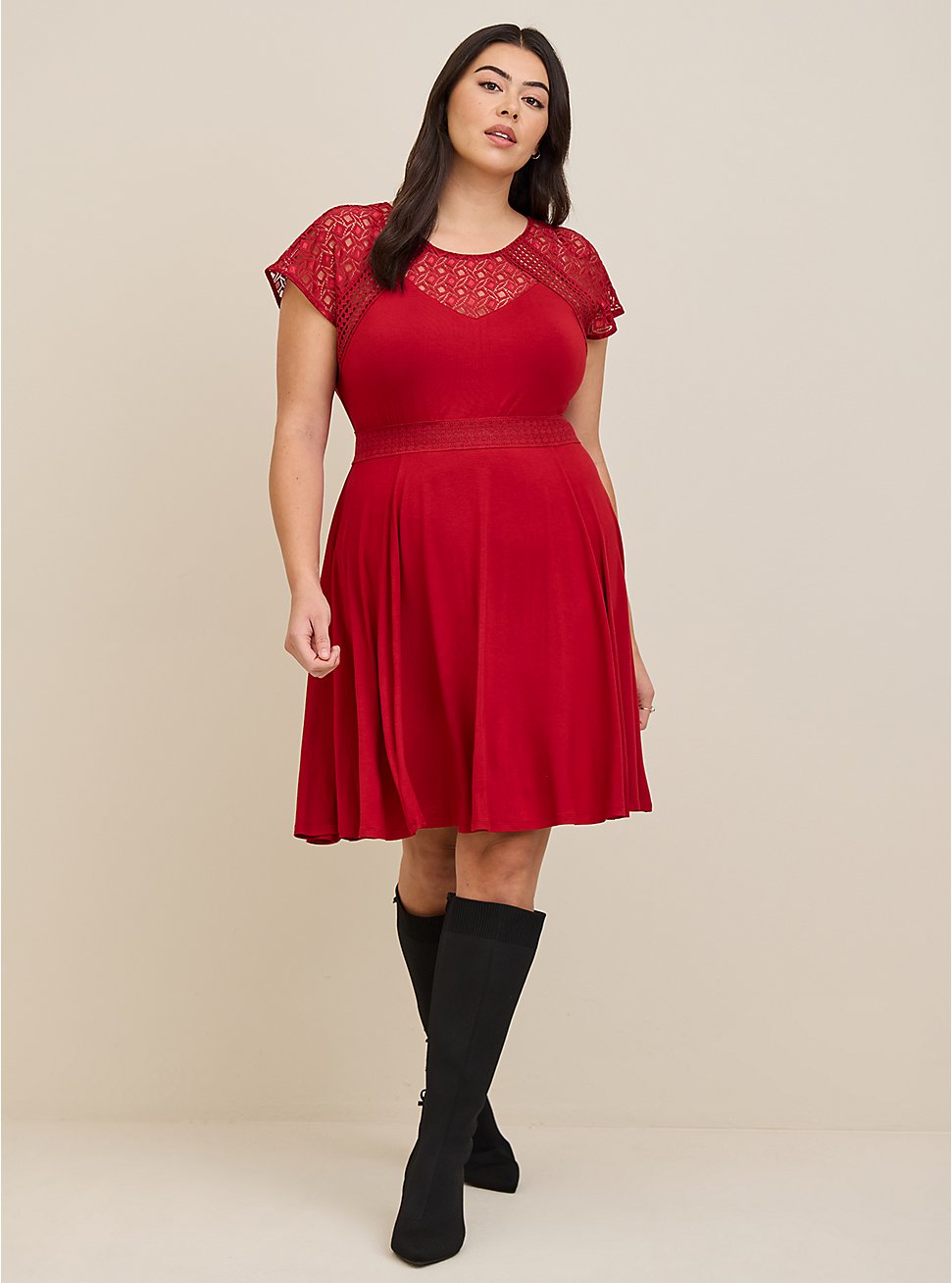 Plus Size Mini Super Soft Lace Inset Skater Dress, RED, hi-res