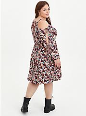 Plus Size Cold Shoulder Skater Dress - Gauze Floral Black, FLORAL - PINK, alternate