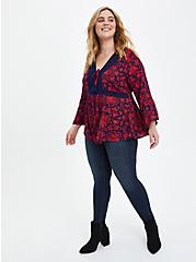 Plus Size Lace-Up Babydoll Top - Crinkle Gauze Floral Red & Navy, OTHER PRINTS, alternate