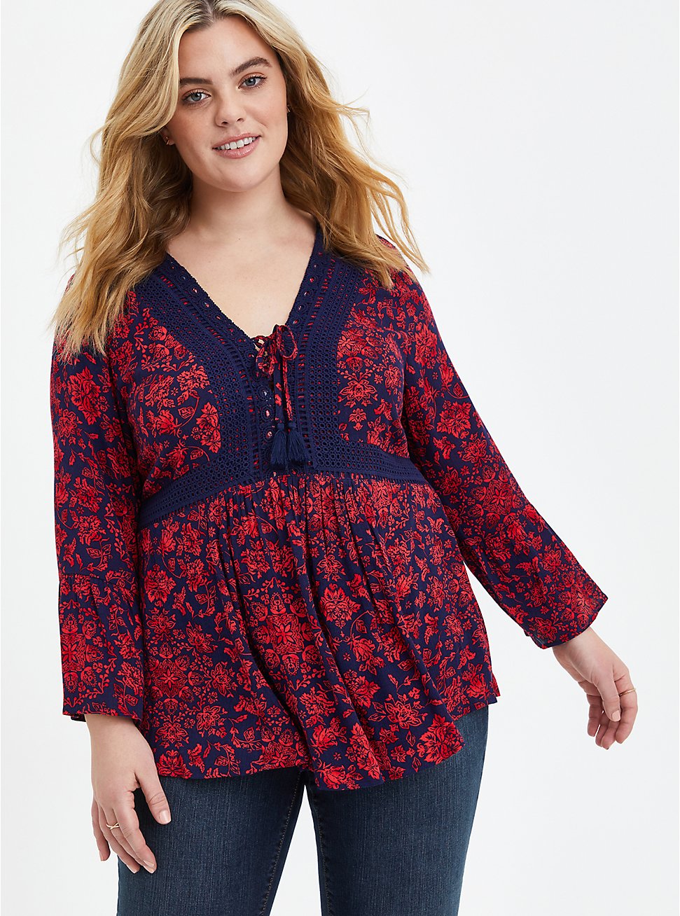 Plus Size Lace-Up Babydoll Top - Crinkle Gauze Floral Red & Navy, OTHER PRINTS, hi-res