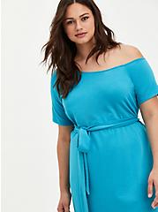 Plus Size Mini French Terry Off-Shoulder Tee Shirt Dress, TEAL, alternate