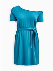 Mini French Terry Off-Shoulder Tee Shirt Dress, TEAL, hi-res
