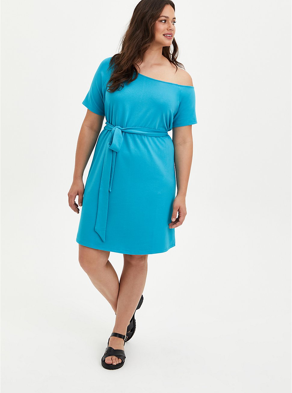 Mini French Terry Off-Shoulder Tee Shirt Dress, TEAL, hi-res