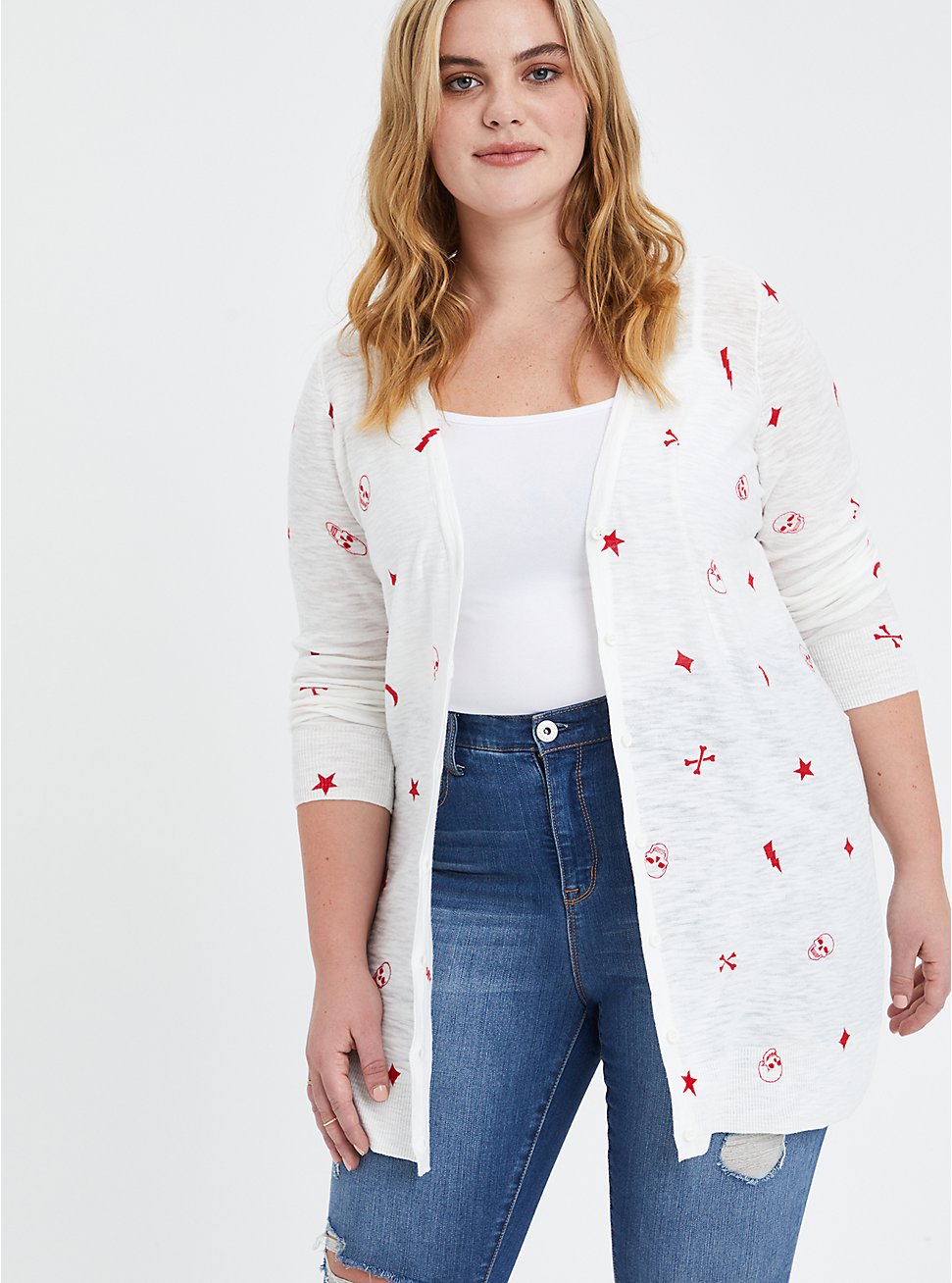 Plus Size Button Front Cardigan Sweater - Mystic Icons White, MULTI, hi-res