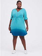 Plus Size Zip Front Shirt Dress - Stretch Challis Dip Dye Blue, OMBRE BLUE, alternate