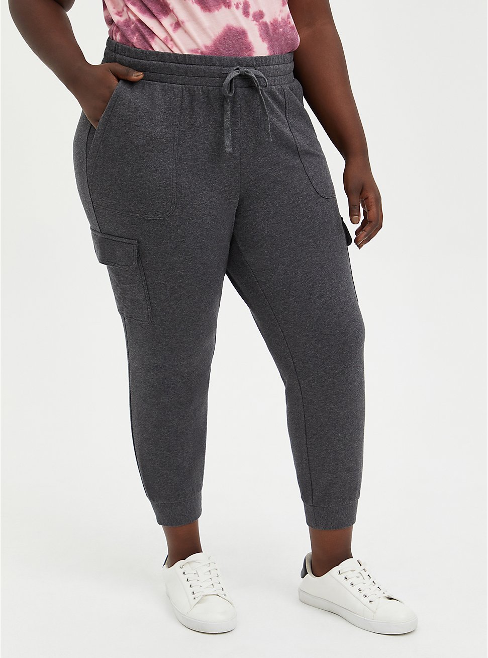 Plus Size Relaxed Fit Cargo Crop Jogger - Everyday Fleece Charcoal Heather, CHARCOAL HEATHER, hi-res