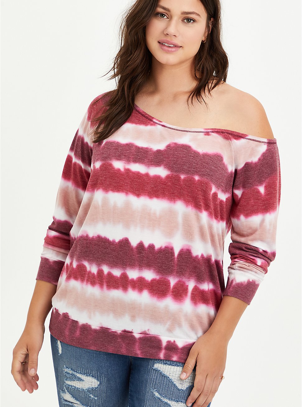 Plus Size Off-Shoulder Sweatshirt - Lightweight French Terry Tie Dye Wine, OTHER PRINTS, hi-res