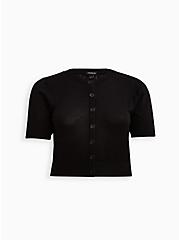 Crop Cardigan Sweater - Rayon + Clip Dot Chiffon Black, DEEP BLACK, hi-res