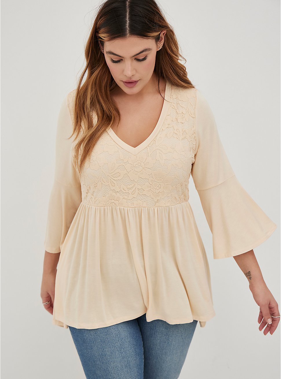 Plus Size Babydoll Tunic Top - Jersey Sand, GREY, hi-res