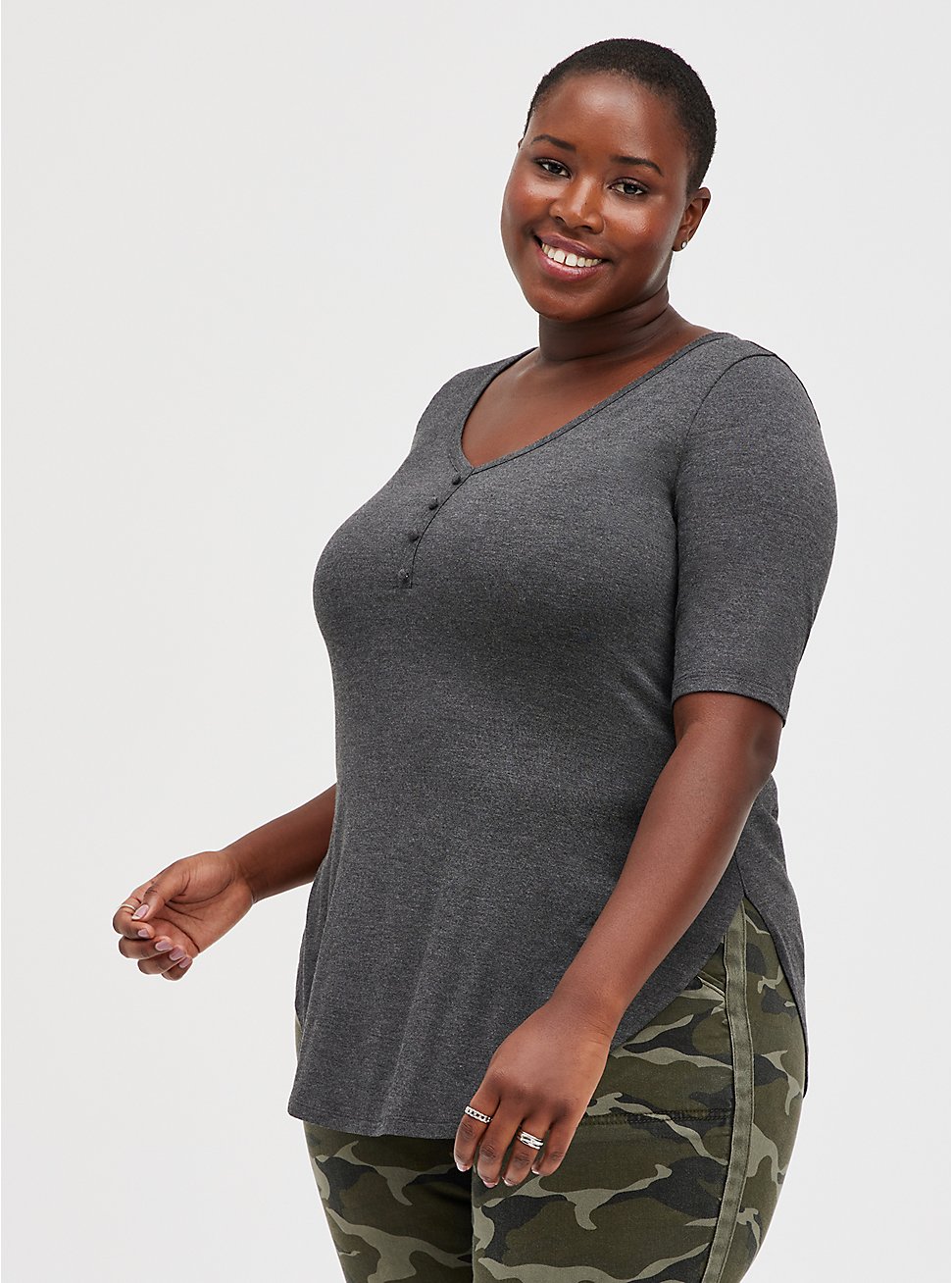 Plus Size Favorite Tunic Henley - Super Soft Charcoal , CHARCOAL  GREY, hi-res
