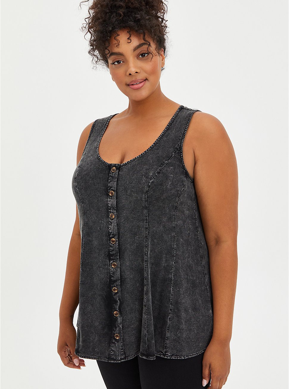 Plus Size Fit & Flare Tank - Textured Stretch Rayon Mineral Wash Black, DEEP BLACK, hi-res
