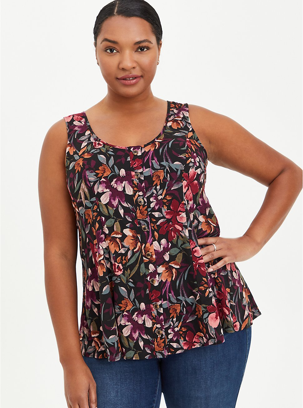 Plus Size Fit & Flare Tank - Textured Stretch Rayon Floral Black, FLORAL - BLACK, hi-res