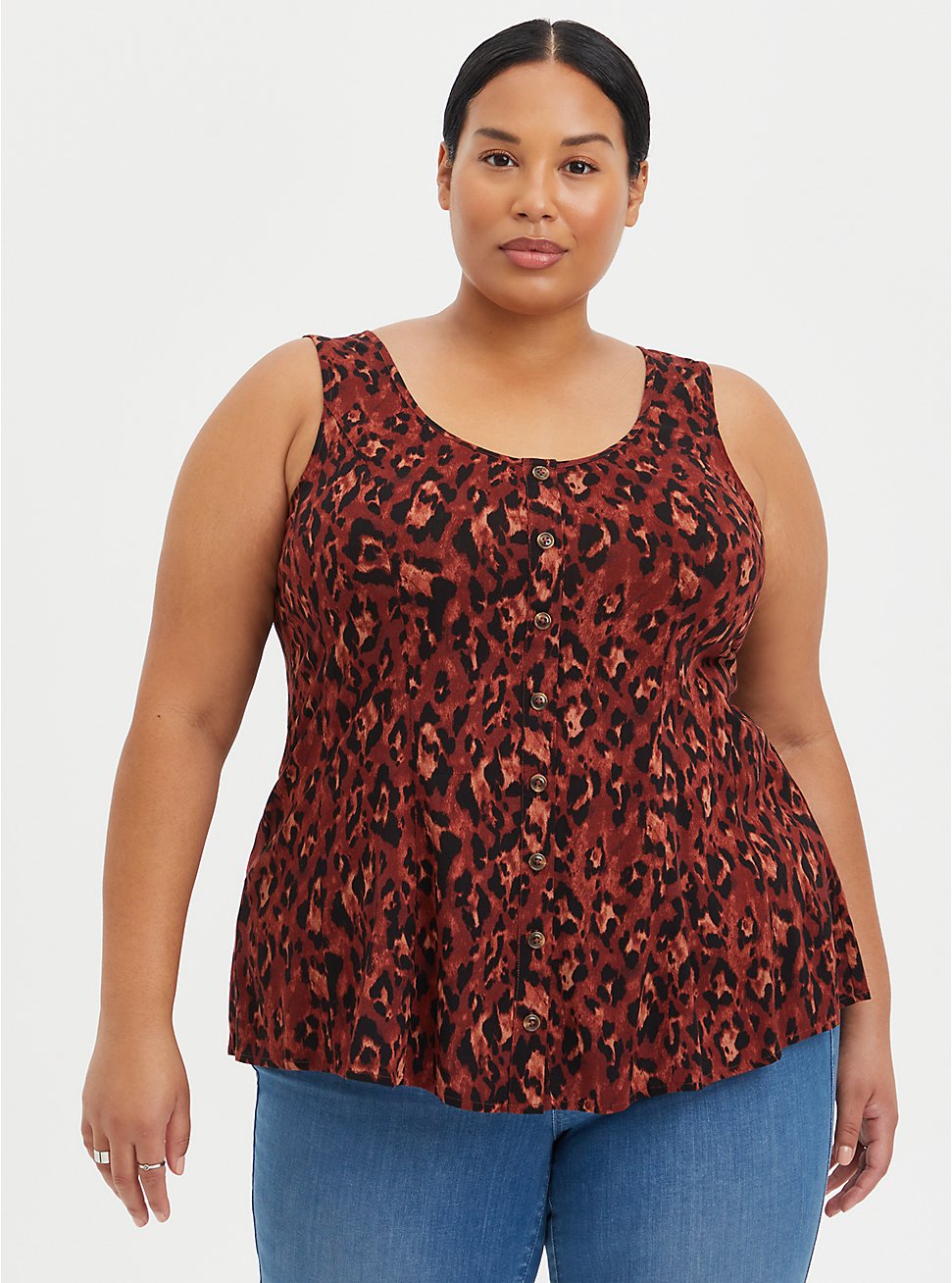 Plus Size Fit & Flare Tank - Textured Stretch Rayon Leopard Red, LEOPARD - RED, hi-res
