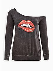 Off Shoulder Sweatshirt - LoveSick Vampire Lips Grey Wash, NINE IRON, hi-res