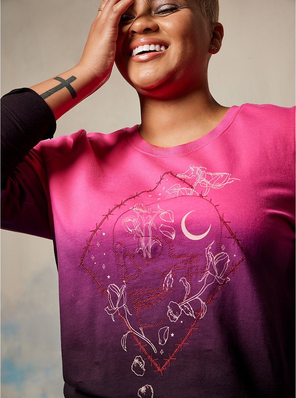 Plus Size Embroidered Sweatshirt - LoveSick Rose Skull Barbwire Dip Dye Black & Pink, TIE DYE, hi-res