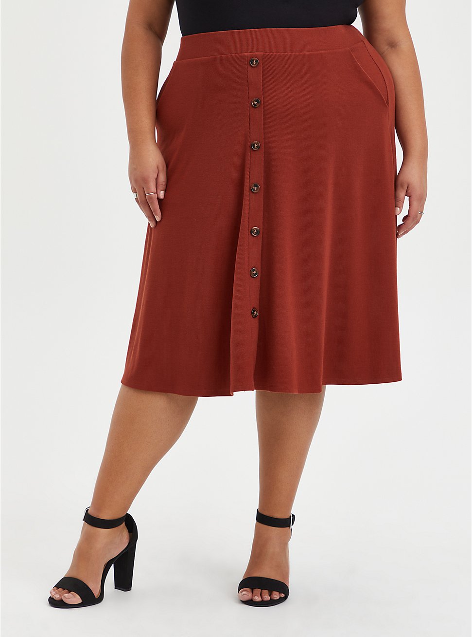Plus Size Midi Skirt - A-Line Rib Knit Brown, BRANDY BROWN, hi-res