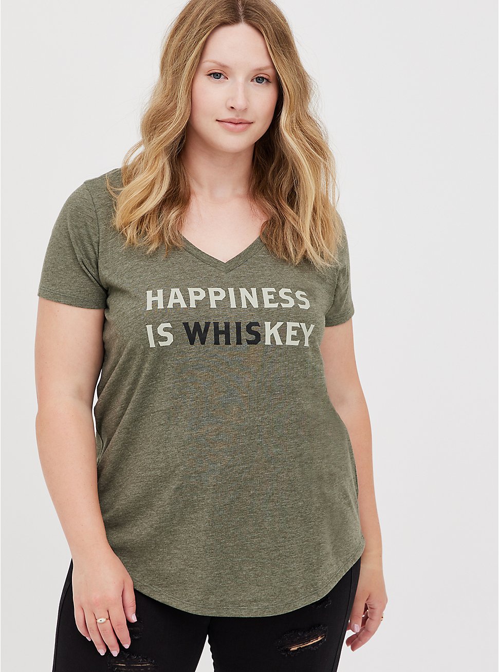 Plus Size Girlfriend Tee - Signature Jersey Happiness Is Key Dusty Olive, DEEP DEPTHS, hi-res