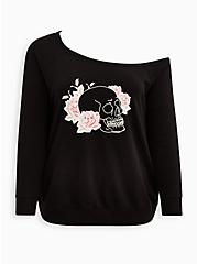 Off Shoulder Sweatshirt - Cozy Fleece Skull Black , DEEP BLACK, hi-res