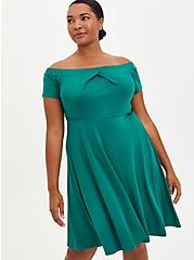 Plus Size Off The Shoulder Skater Dress - Luxe Ponte Green, EVERGREEN, alternate