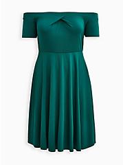 Plus Size Off The Shoulder Skater Dress - Luxe Ponte Green, EVERGREEN, hi-res