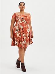 Plus Size Off The Shoulder Skater Dress - Luxe Ponte Rusty Brown Floral, FLORAL - RED, alternate