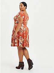 Plus Size Off The Shoulder Skater Dress - Luxe Ponte Rusty Brown Floral, FLORAL - RED, alternate