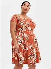 Plus Size Off The Shoulder Skater Dress - Luxe Ponte Rusty Brown Floral, FLORAL - RED, hi-res