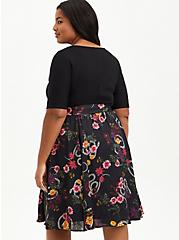 Plus Size Black Floral Knit To Woven Skater Midi Dress, FLORAL - BLACK, alternate