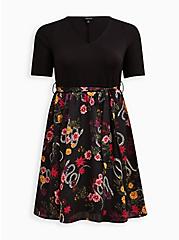 Plus Size Black Floral Knit To Woven Skater Midi Dress, FLORAL - BLACK, hi-res