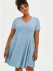 Plus Size Blue Mineral Wash Ribbed Fit & Flare Mini Dress, TIE DYE-BLUE, hi-res