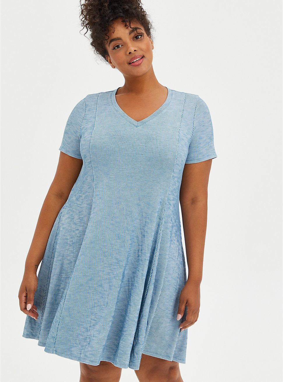 Plus Size Blue Mineral Wash Ribbed Fit & Flare Mini Dress, TIE DYE-BLUE, hi-res