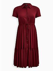 Tiered Midi Shirt Dress - Stretch Challis Burgundy, ZINFANDEL, hi-res