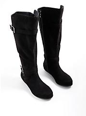 Black Faux Suede Double Buckle Knee Boot (WW), BLACK, alternate