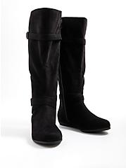 Plus Size Black Faux Suede Double Buckle Knee Boot (WW), BLACK, alternate