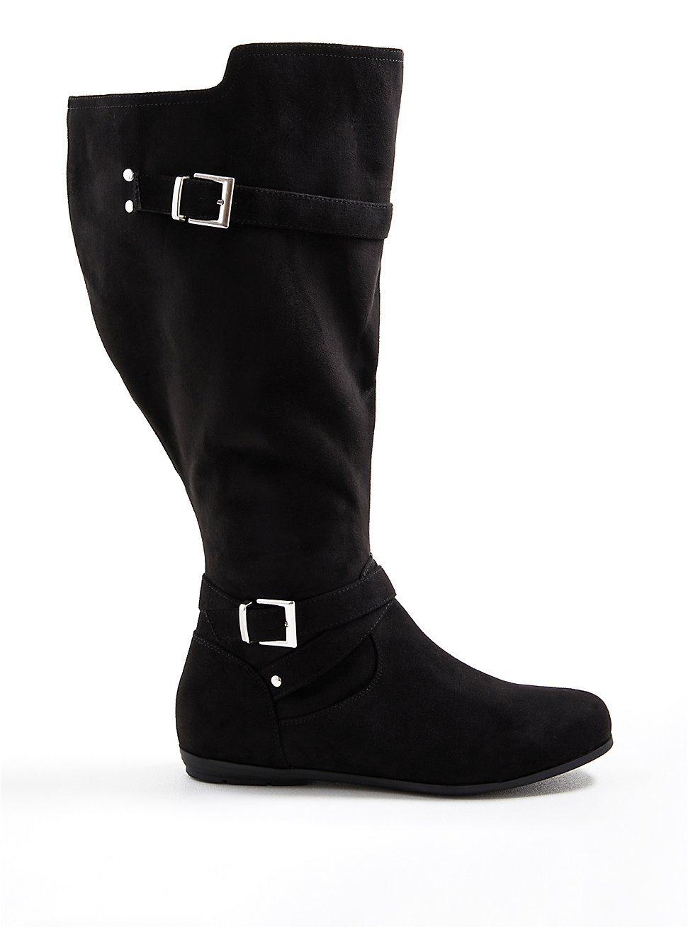 Plus Size Black Faux Suede Double Buckle Knee Boot (WW), BLACK, hi-res