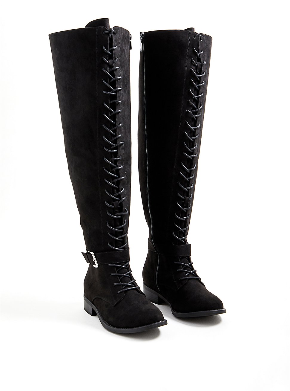 Plus Size Double Buckle Over The Knee Boot - Faux Suede Black (WW), BLACK, hi-res