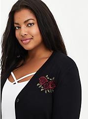 Plus Size Boyfriend Cardigan Sweater - Skull Rose Black, DEEP BLACK, alternate