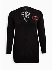 Plus Size Boyfriend Cardigan Sweater - Skull Rose Black, DEEP BLACK, hi-res