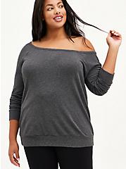 Off-Shoulder Lt Weight French Terry Sweatshirt, CHARCOAL GREY, hi-res
