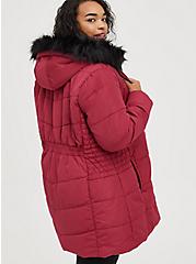 Fit & Flare Puffer Jacket - Deep Red with Black Trim, RED, alternate